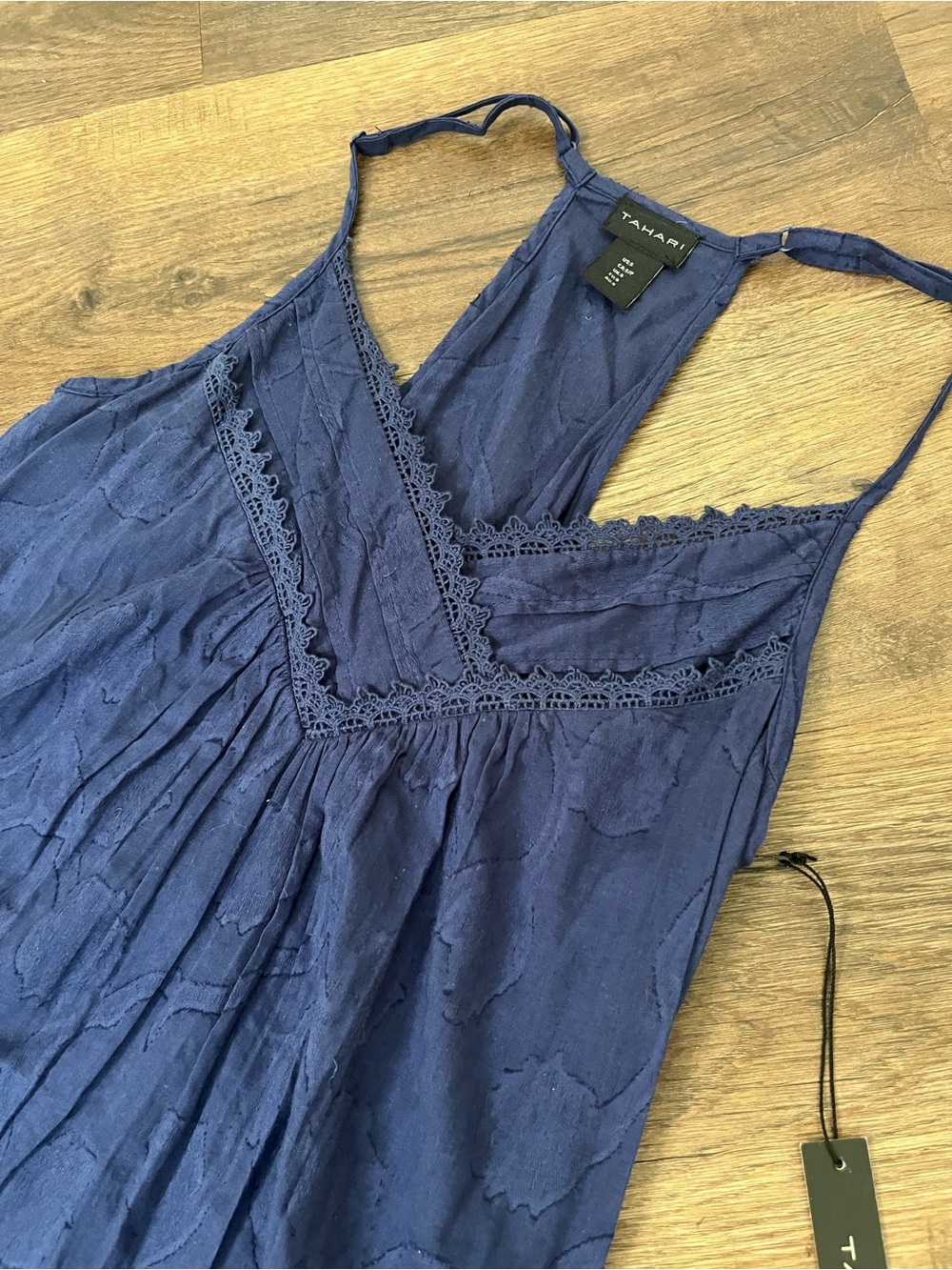 Tahari Navy 100% Cotton Navy Blue Textured Chemise Slip Dress with Lace Trim - Picture 2 of 9